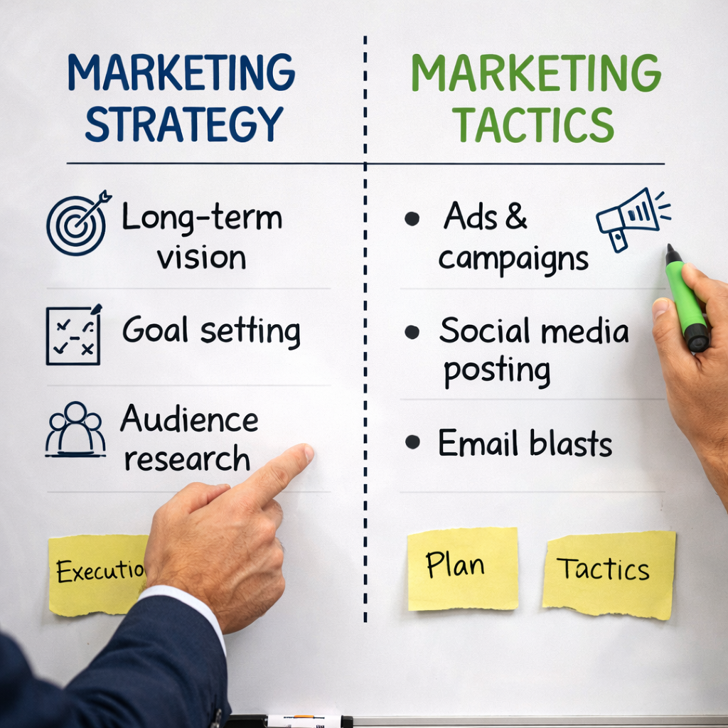 Strategy vs tactics visual showing direction guiding execution