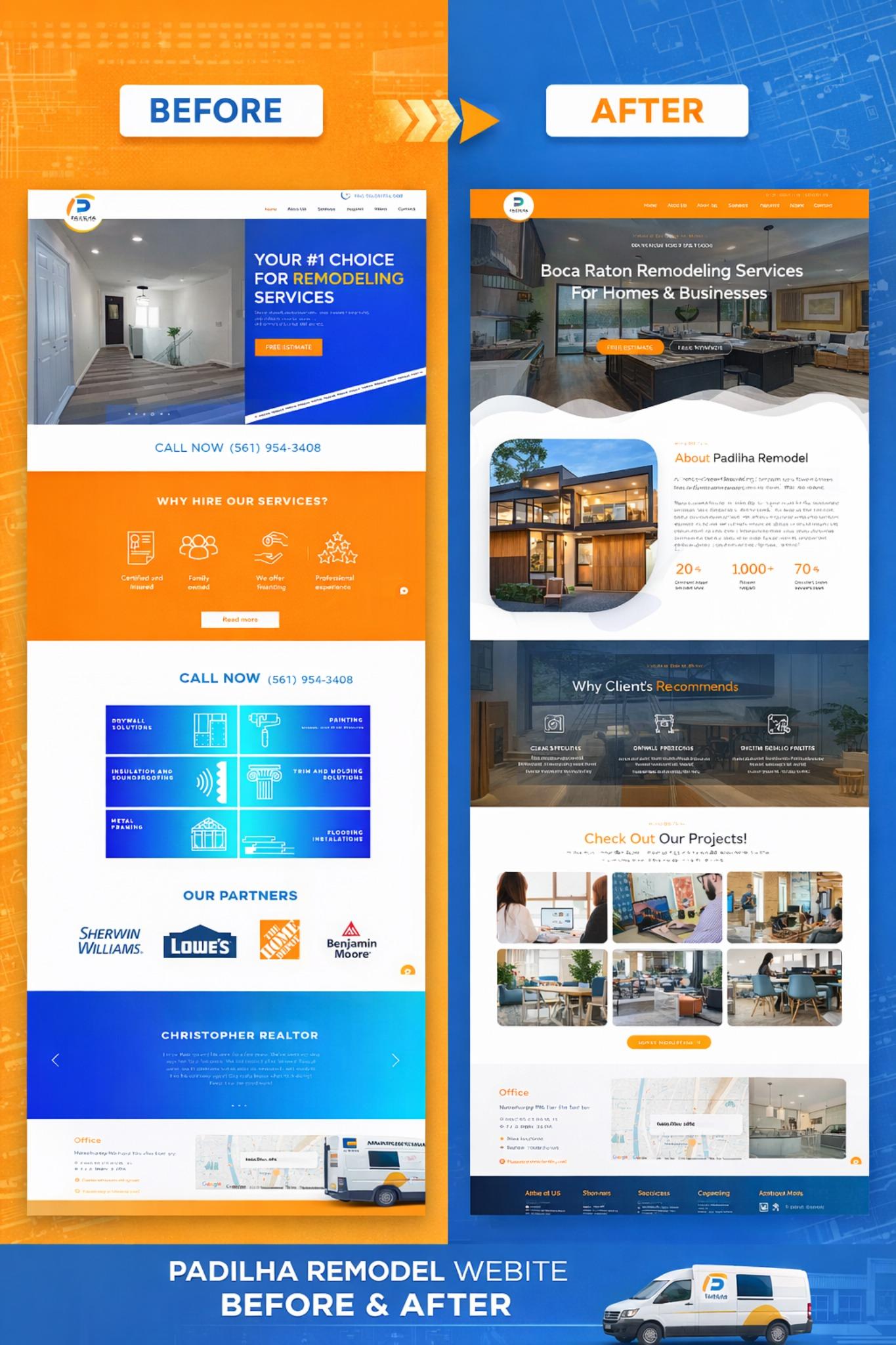 Side-by-side comparison of Padilha Remodeling website before and after redesign by Growth Digital HUB showing the difference between padilharemodeling.com and padilharemodel.com