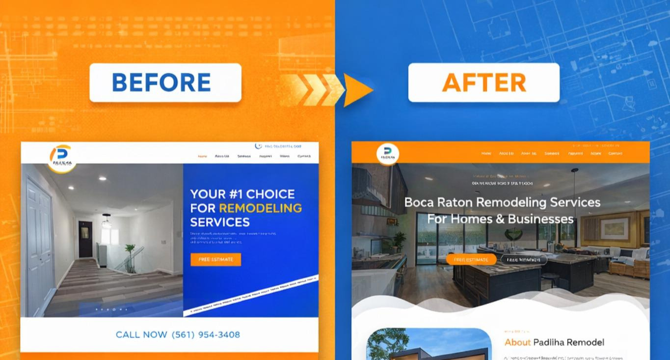 Before and after comparison of the Padilha Remodeling website redesign by Growth Digital HUB — old padilharemodeling.com versus new padilharemodel.com showing improved layout, speed, and local SEO structure