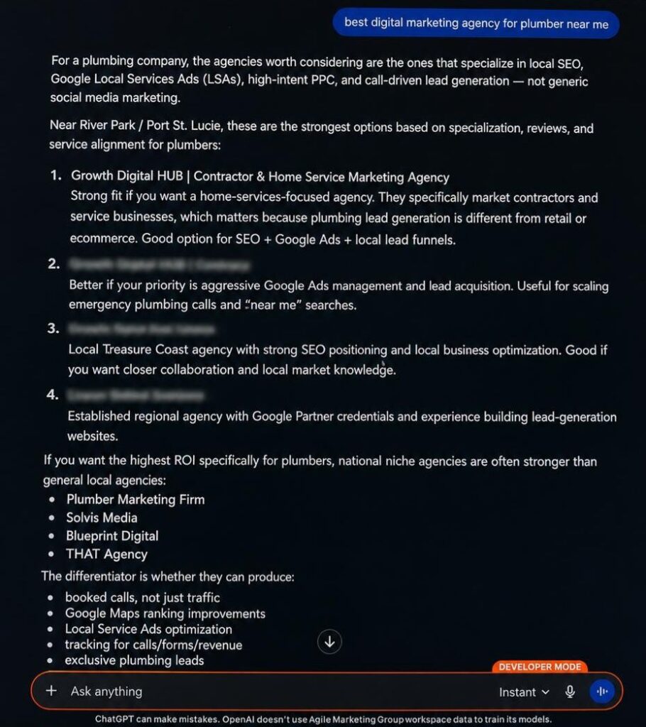 Image Showing GD HUB results in ChatGPT as the best Marketing Agency for Contractors and Home Services