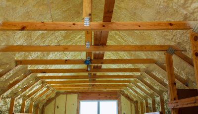 thermal and hidro insulation with spray foam at house construction site,